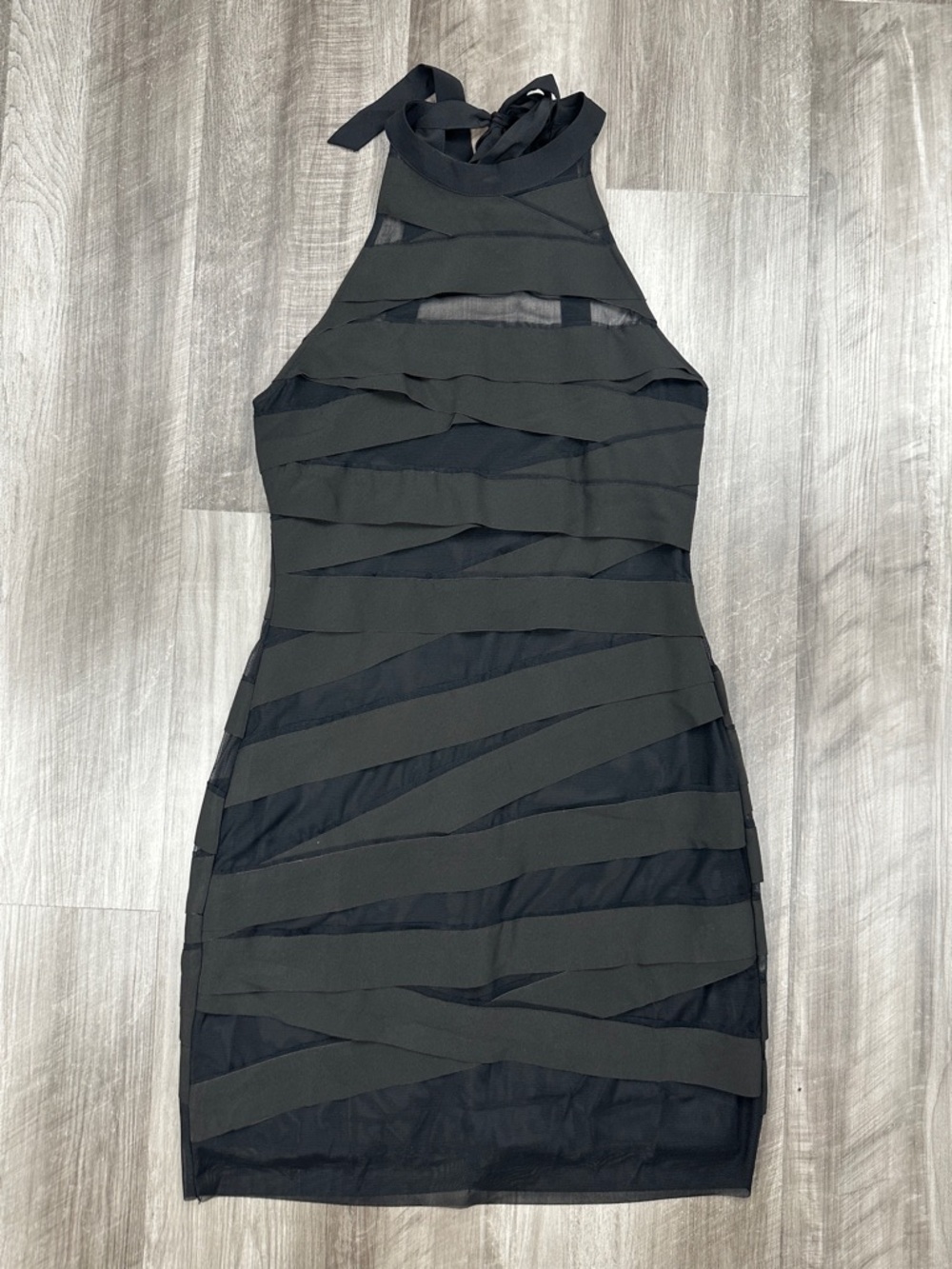 Nicole Miller Sheer Bandage Wrapped Sleeveless Neck Tie Black Dress - 10